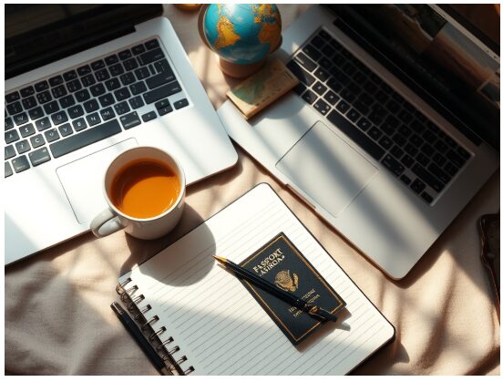 Flatlay of laptops, a globe, a cup of coffee, and a passport on a notebook