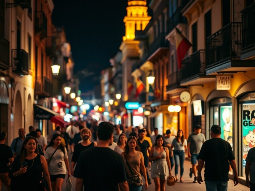 People walking through a city at night