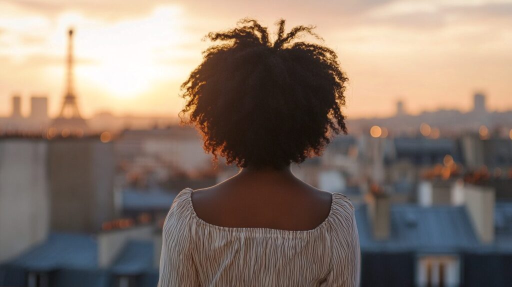 Back of Black woman looking out over the French cityscape.